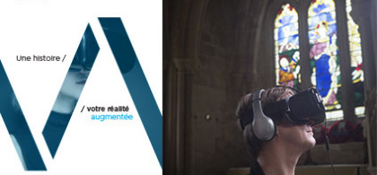 Une femme avec un casque VR dans la Cathédrale d'Exeter (Royaume-Uni) pour le projet VISTA-AR